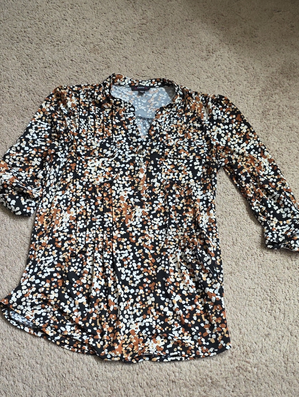 Cocomo Black Printed V-Neck Tunic with White & Brown Dot Pattern
